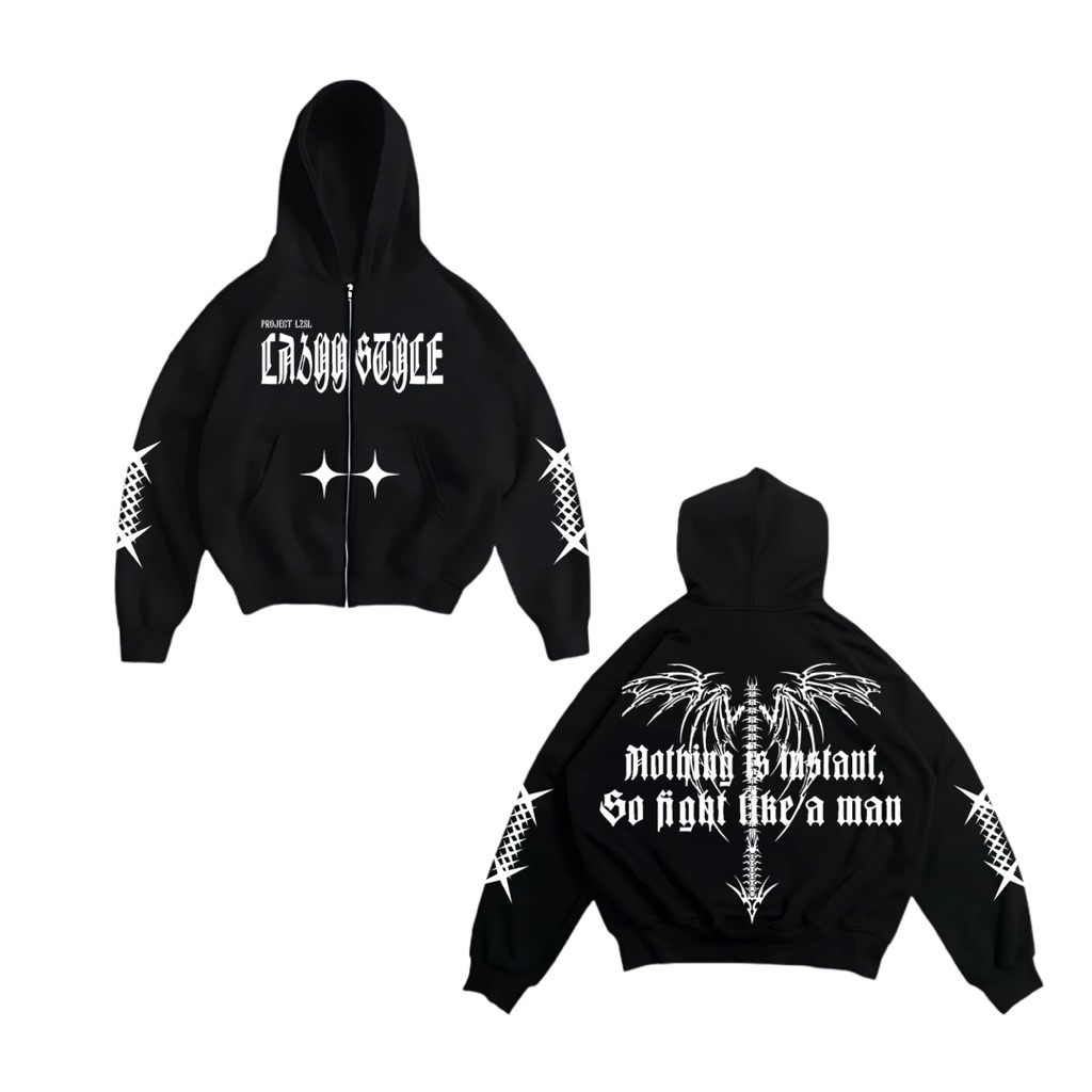 LS LS LS LS LS LS LS | HOODIE BOXY ZIPPER OVERSIZE 300gsm | ขว้างสีดํา