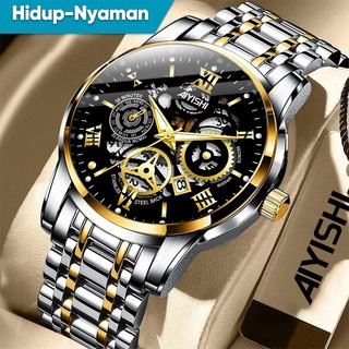 NEW SALE!!! Jam Tangan Pria Original Display Kuarsa Cahaya malam Anti Air Tali Stainless Steel Santai Mode Jam Tangan Cowok
