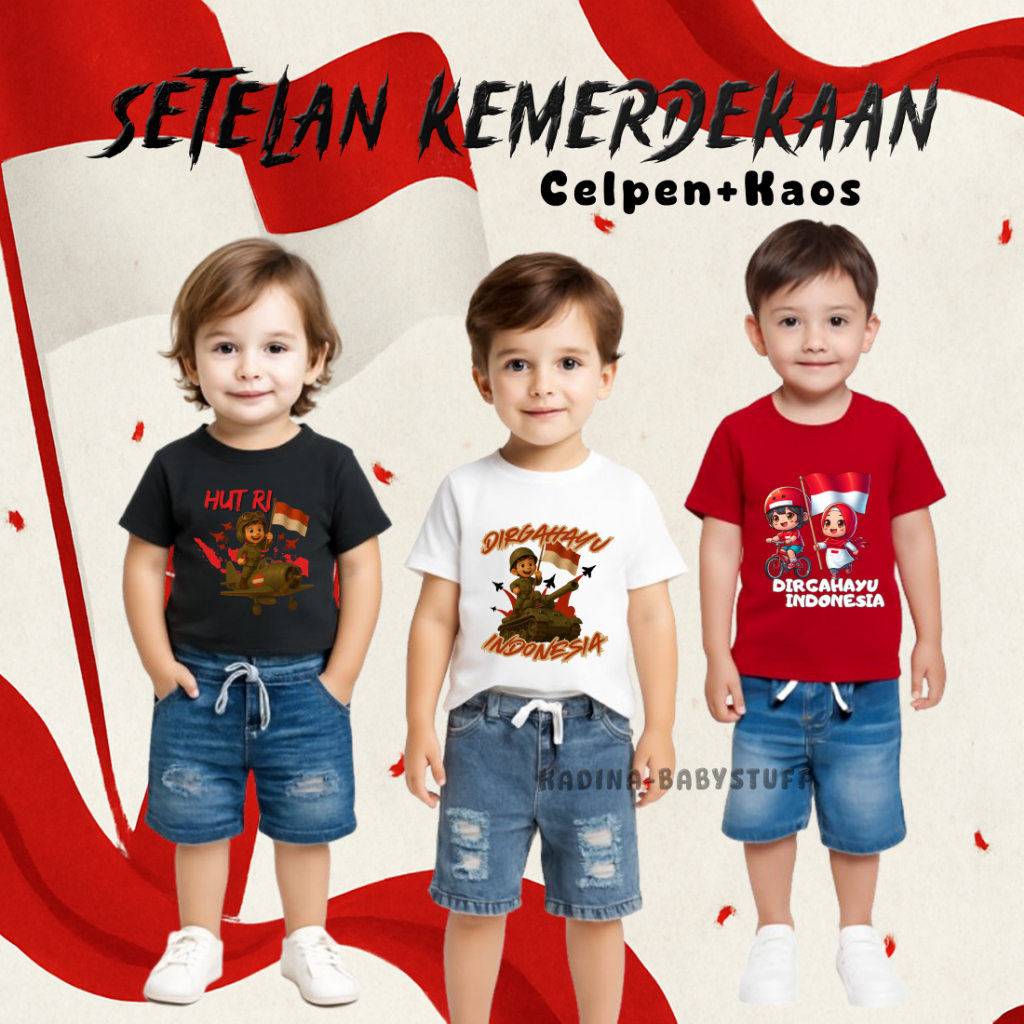 BOYS INDEPENDENCE SUITS 2025 / SHORTS JEANS SHORTS / 17 AUGUST MOTIF SCREEN-PRINTED T-SHIRTS / CHILD