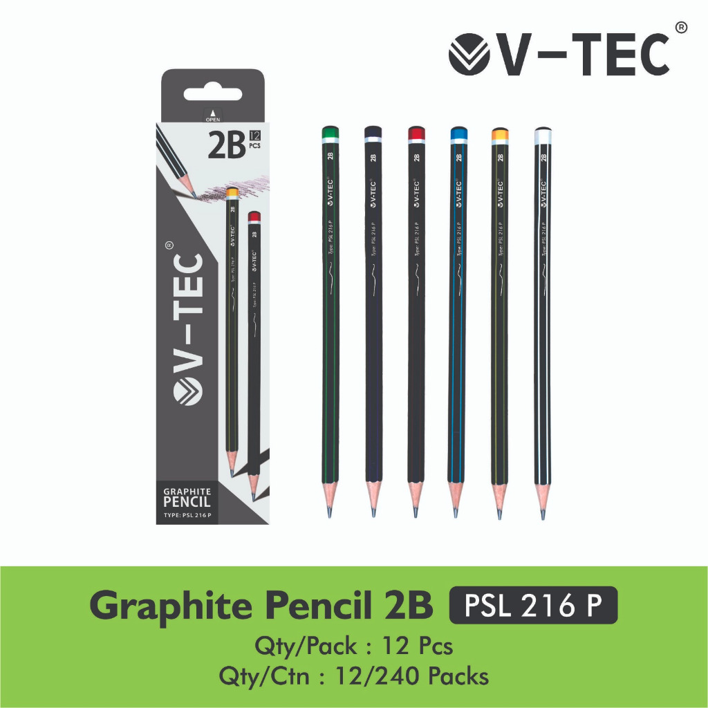 (1 แพ็ค 12 ชิ้น) 2B PENCIL V-TEC PSL 216 P / VTEC PSL216P WOODEN PENCIL ORIGINAL PEN WRISTING GRAPHI