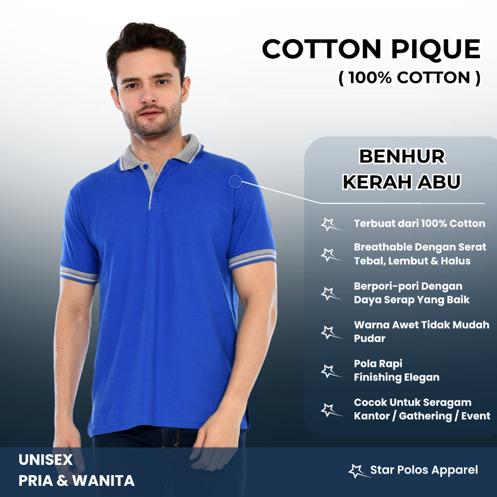 เสื้อยืดคอปก/ เสื้อโปโล COTTON 100% แขนสั้น BENHUR GREY/BLUE COLLAR BCA COMBINATION สําหรับผู้ชายและ