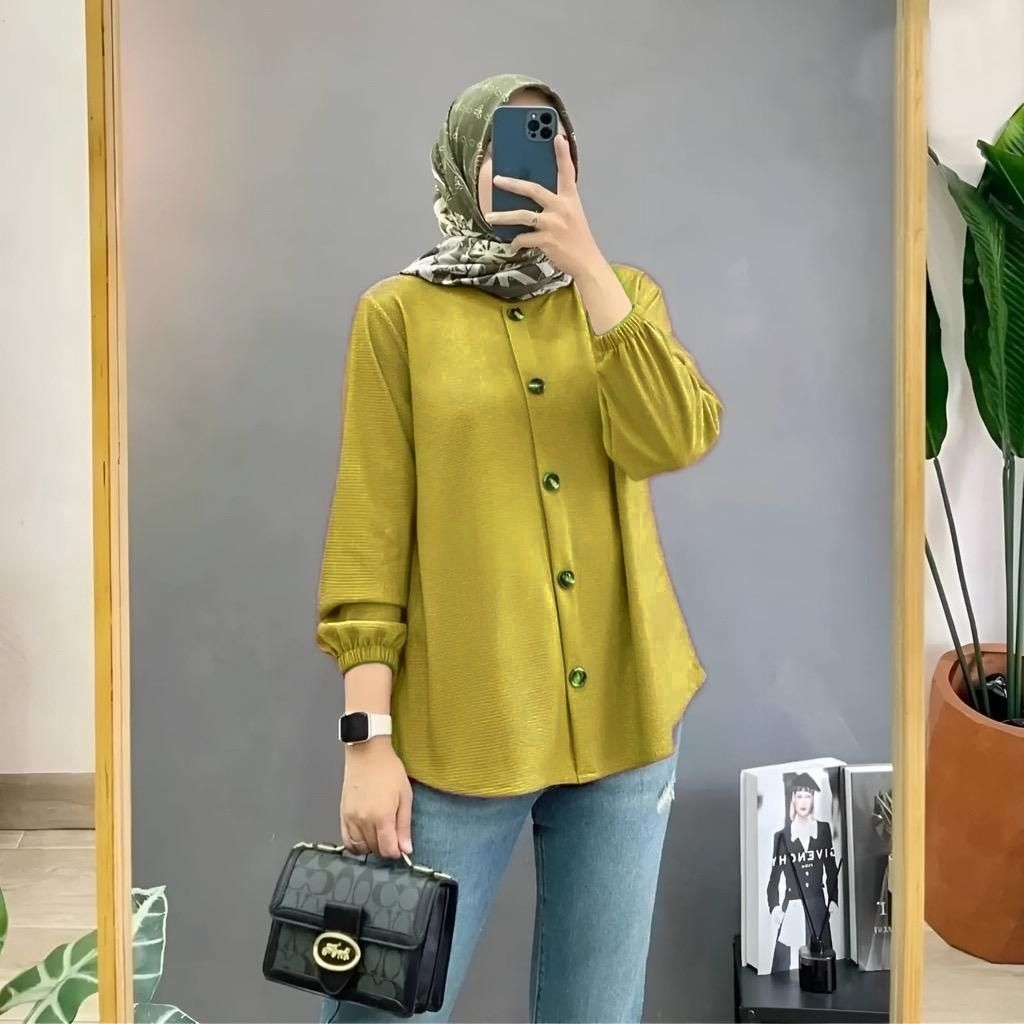 KEMEJA AZ Cringkle Plain Balloon Top Blouse Basic Long Sleeve Women Oversize Jumbo Shirt