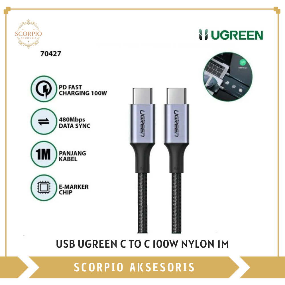 Ugreen USB Ugreen C to C 100W ไนลอน 1M สีดํา 70427 | Ugreen C to C 60W ไนลอน 1M สีเทา 55765