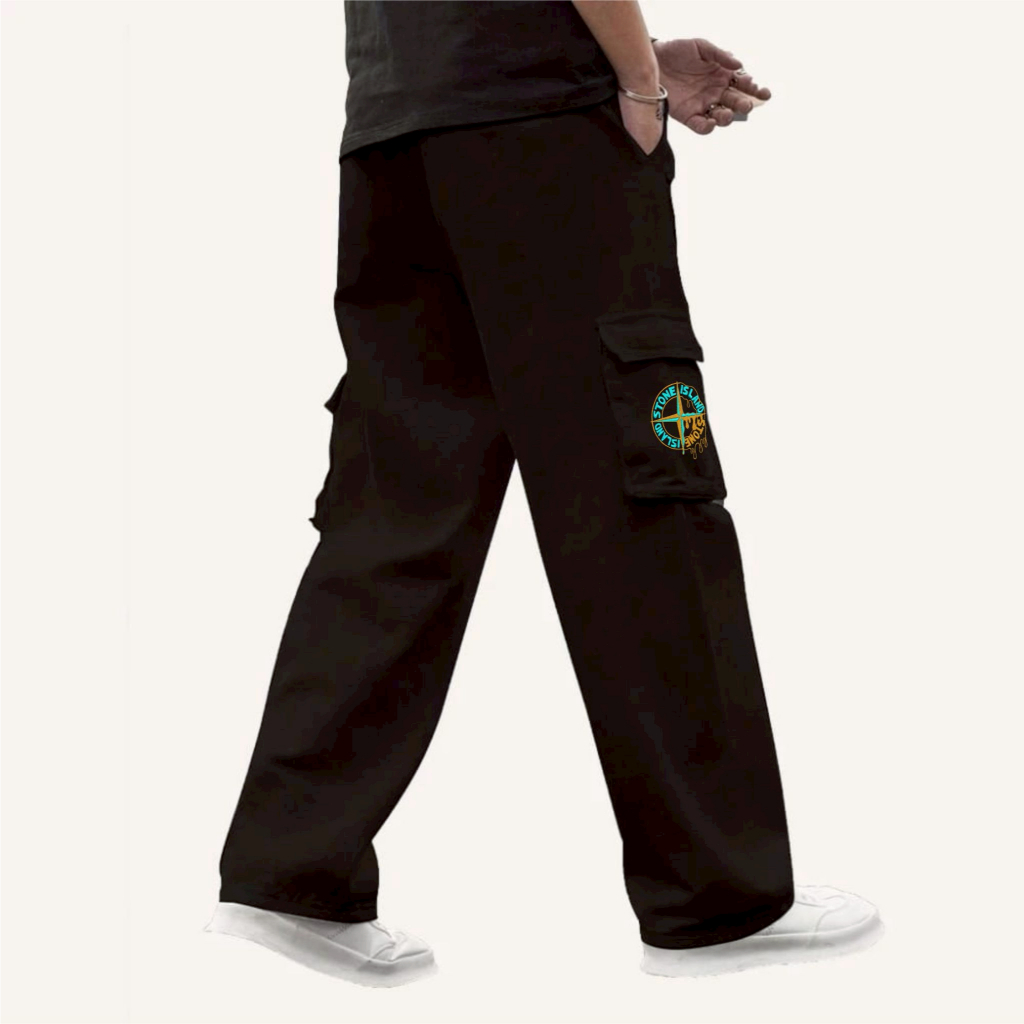 STONE ISLAND โลคาล พูดคุยกางเกงคาร์โก้ผู้ชายวัสดุขนแกะกางเกงขายาวเกาะหินหน้าจอพิมพ์กางเกงคาร์โก้ยาวส
