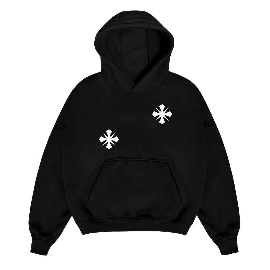 Boxy Hoodie สีดํา / สีดําผู้ชายและผู้หญิง Unisex Oversize Boxy Cross Hoodie