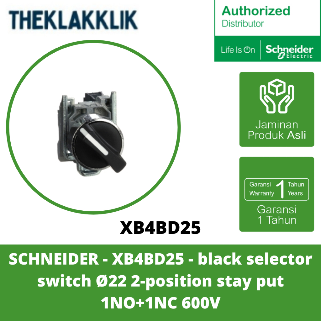 SCHNEIDER - XB4BD25 - สวิตช์เลือกสีดํา Ø22 สเตย์ 2 ตําแหน่ง ใส่ 1NO+1NC 600V