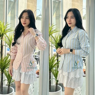 SYIIFA_ID Girl Boss Fitted Shirt | Kemeja Kerja Wanita Fit Garis Stripe Karet Lembut Pink Hijau Biru