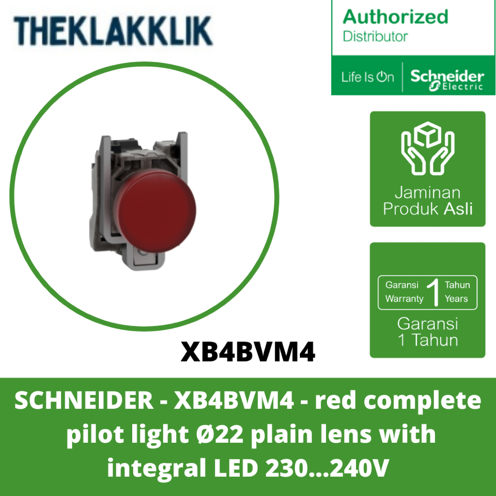 SCHNEIDER - XB4BVM4 - ไฟนักบินครบชุดสีแดง เลนส์ธรรมดา Ø22 พร้อม integral LED 230...240V