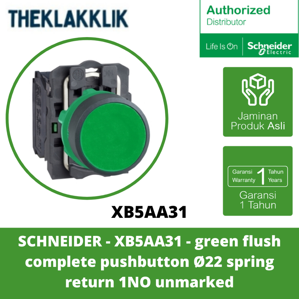 SCHNEIDER - XB5AA31 - ปุ่มกดแบบรวมสีเขียว Ø22 คืนสปริง 1NO unmarked