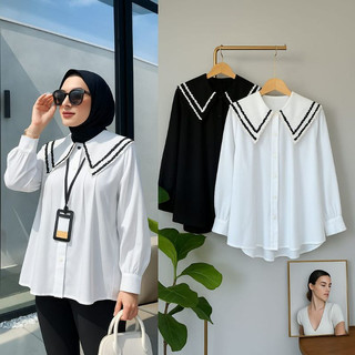 Kemeja Wanita Kerah Renda Sailor Jumbo SIFFA Blouse Rayon Premium Super Adem Kemeja Putih Hitam Kemeja Kerja Kantor