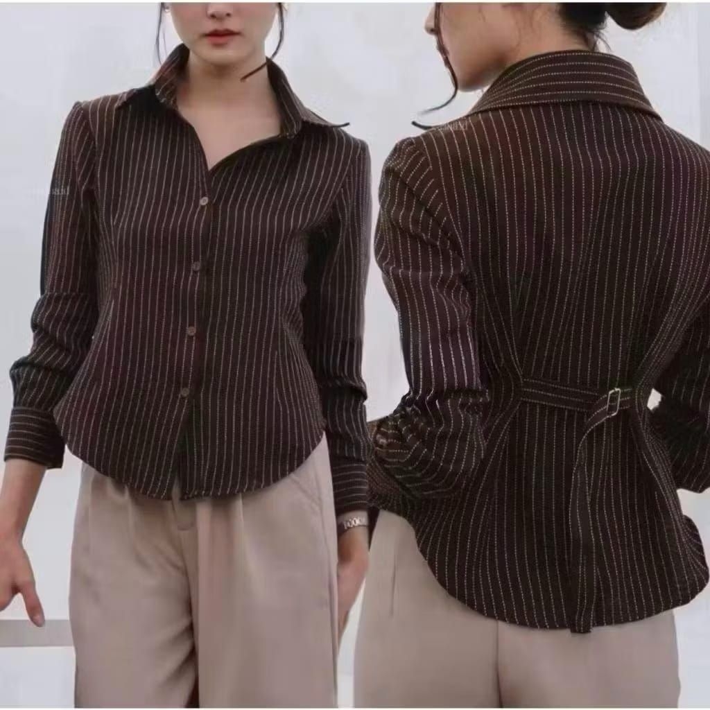 KEMEJA Luna Stripe Fit Shirt - Wispie Womens Fit Stripe Basic Casual Shirt - Fit Body Shirt