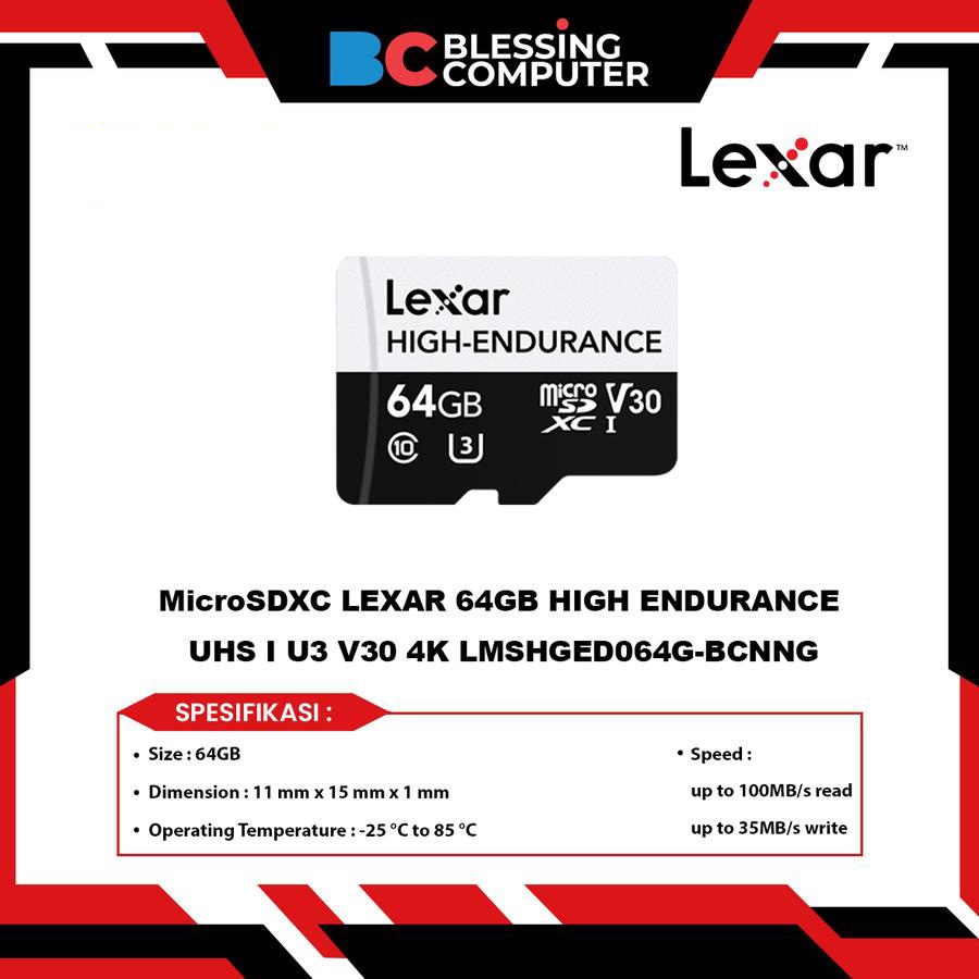 MicroSDXC LEXAR 64GB ความทนทานสูง UHS I U3 V30 4K LMSHGED064G-BCNNG