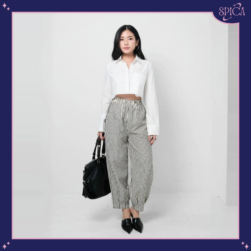 SPICA - กางเกงขายาวลําลองผู้หญิงพร้อมกางเกงลายทางเอวสูง - Mijoo Pants
