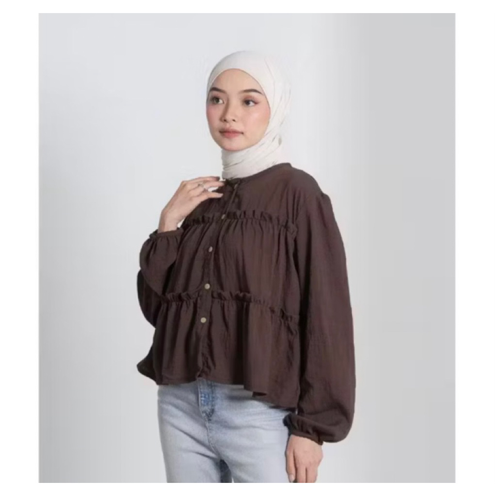 Neona Top Blouse ผู้หญิงเกาหลี Ruffle Linen นําเข้า