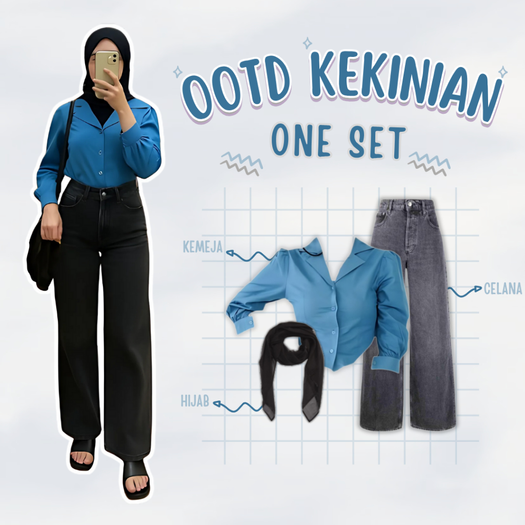 KEMEJA ชุดปัจจุบัน{เสื้อพัฟ - กางเกงยีนส์ Culottes - Bella Square Hijab }Oneset College Work KJ63