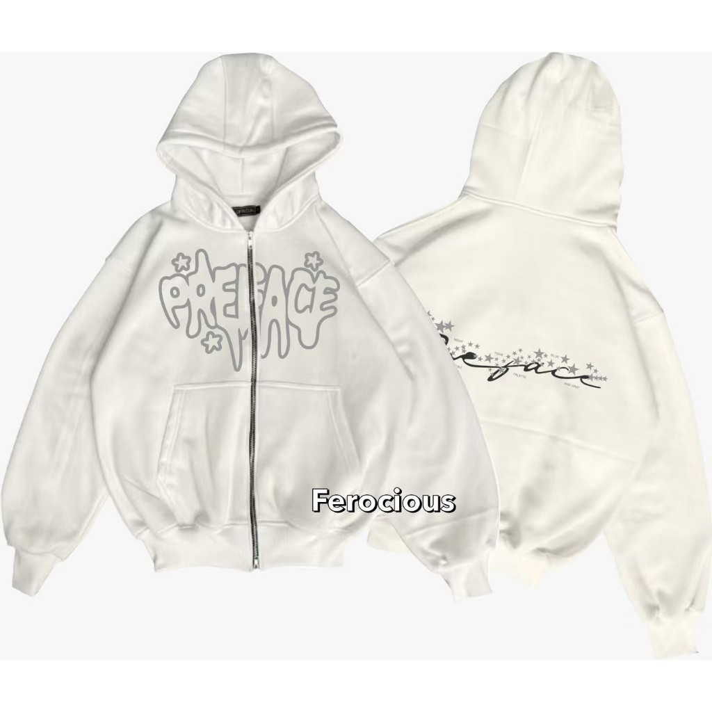 MEZOTIK - Preface Classica Dystonia Hoodie Boxy Zipper Big Logo สีขาว Vintage ผู้ชายผู้หญิง Unisex