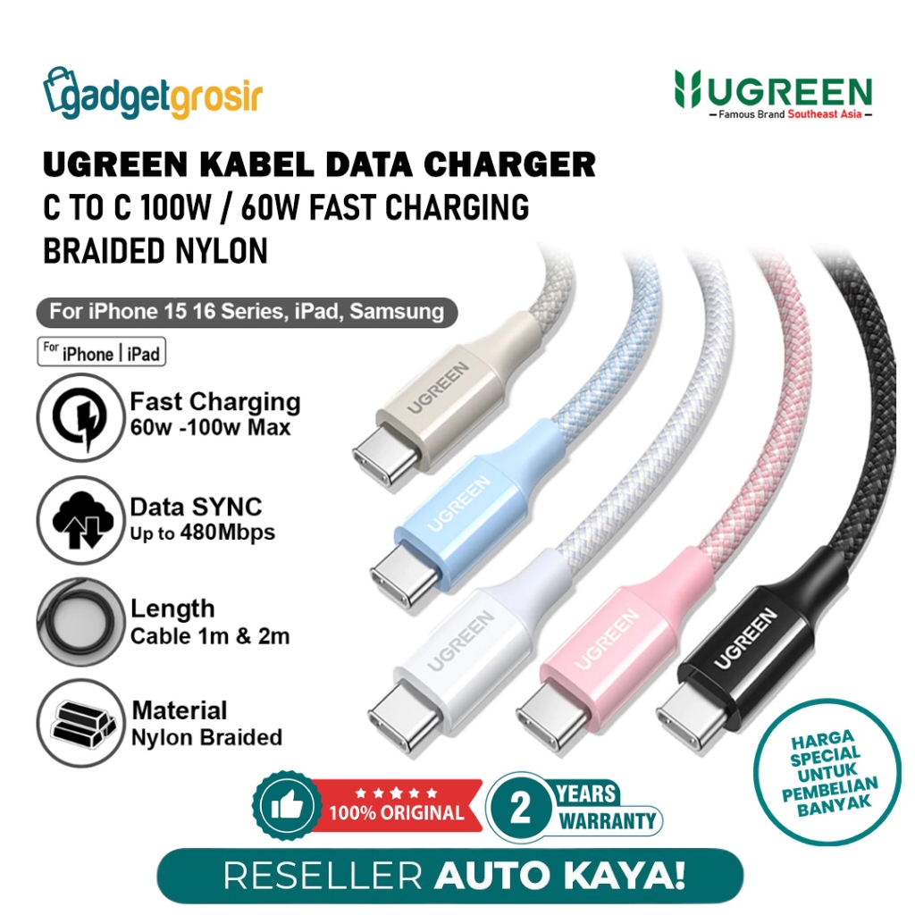 UGREEN Data Charger Cable C to C 100W / 60W Fast Charging 50 ซม./1 เมตร/2 เมตร Braided Nylon PD 5A /