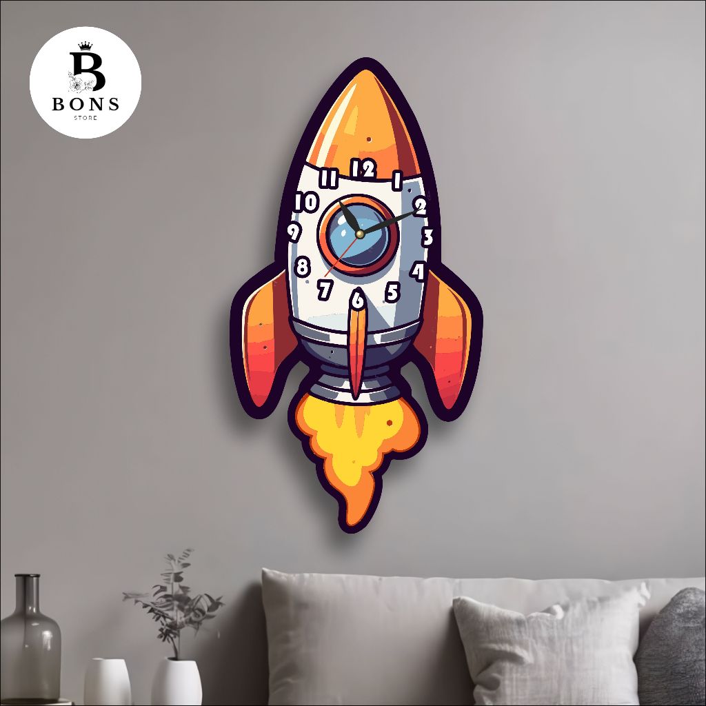 D14 WALL CLOCK DECORTATION สําหรับ CHILDRENS ROOM 3D CARVED ROCKET ASTRONAUTS LIVING ROOM CHILDRENS 