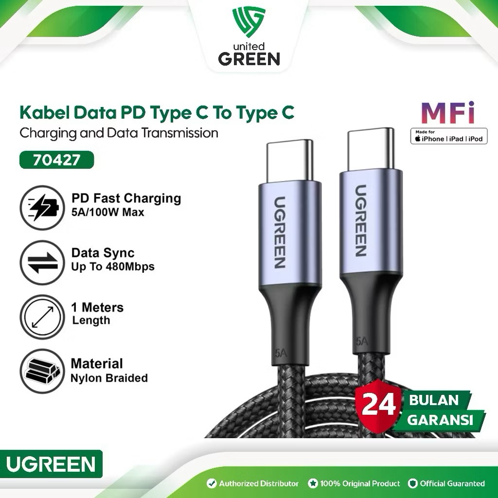 UGREEN Type C ถึง Type C PD 5A 100W Fast Charging Data CABLE 1 เมตรสายชาร์จ 70427