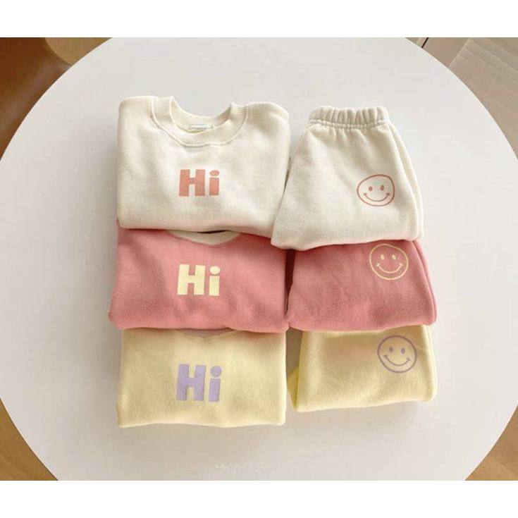 GIRLS SUIT - SWETER + LONG JOGGER SET "HI SMILE" FLEECE MATERIAL AGES 1-12 ปี