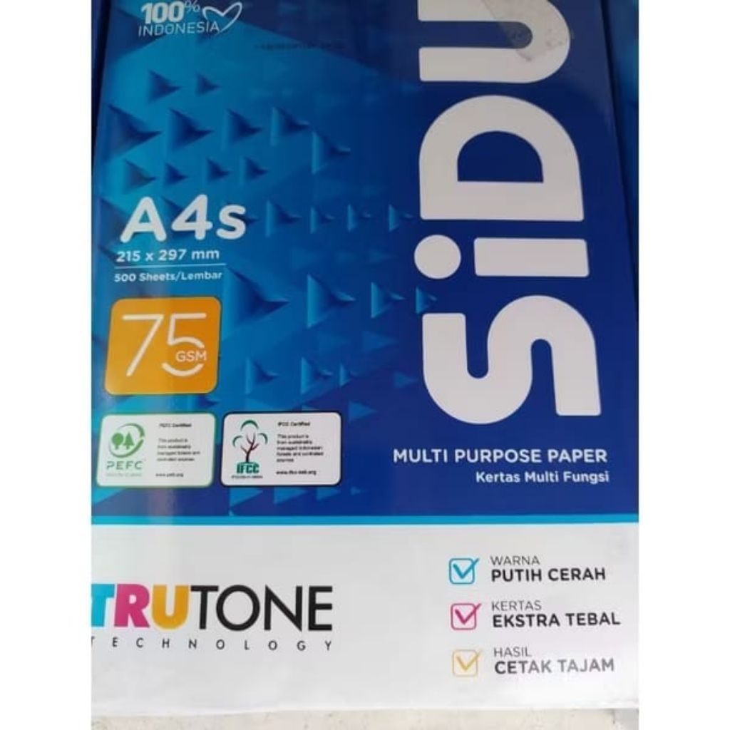 [1 RIM 500 L] HVS PAPER A4S SIDU 75 GRAM / A4S SIDU / HVS PAPER / SINAR DUNIA / A4S / A4 / F4
