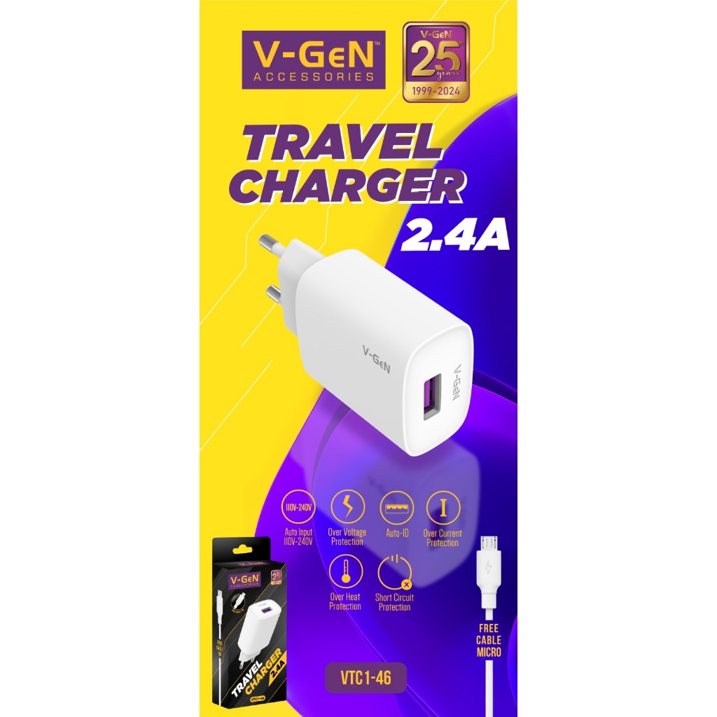 V-GEN VTC1-46 TRAVEL CHARGER 2.4A ฟรีสาย MICRO 1M