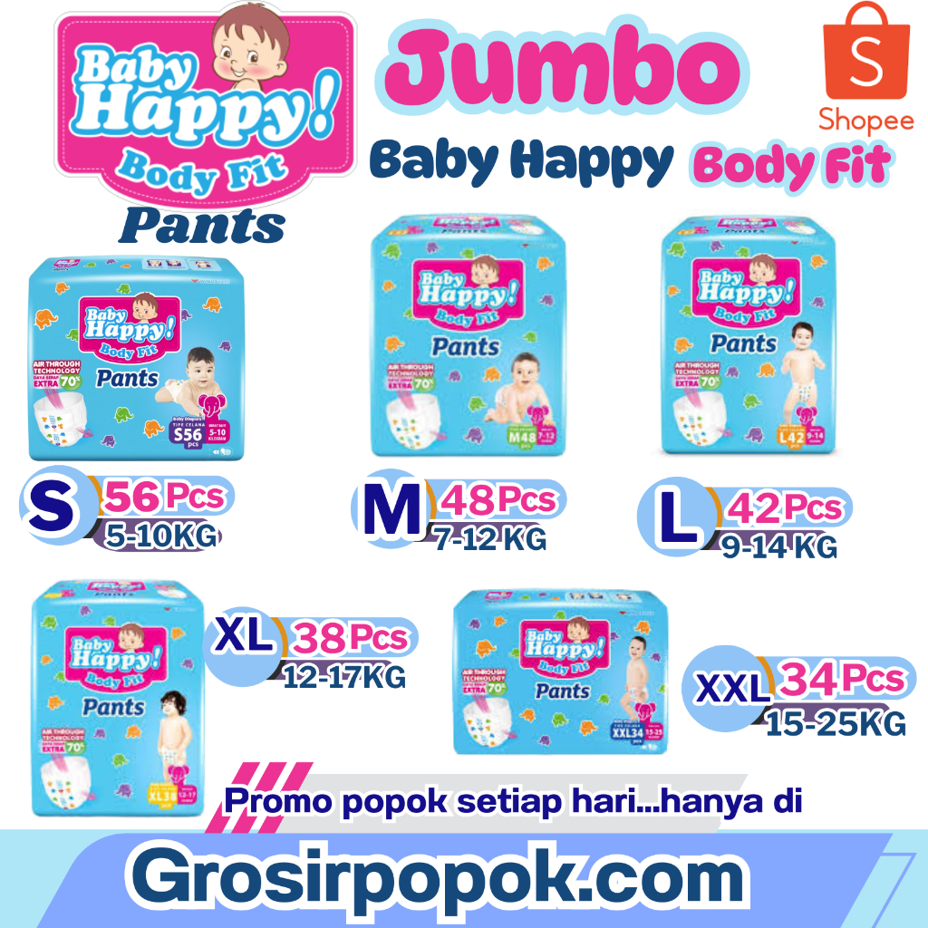 BABY HAPPY (JUMBO PACKAGING) SIZE S 56/M48/L42/XL38/XXL34 BABY DIAPERS PANTS/กางเกง