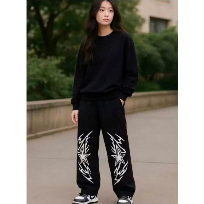 Drip Stars Baggy Pants Skena Oversize หนาขนแกะ Culottes กางเกงขายาวสําหรับผู้หญิงและผู้ชายสไตล์เกาหล