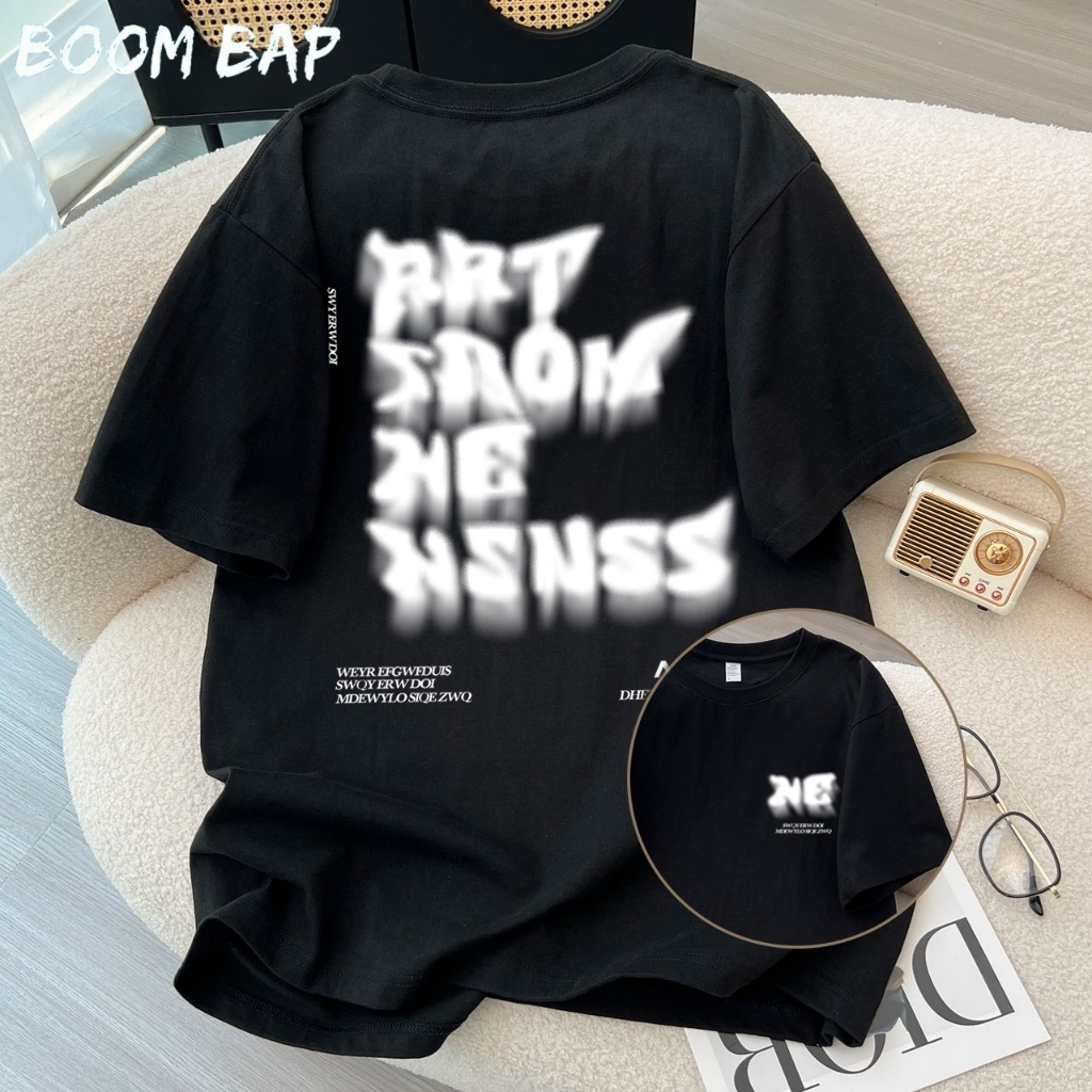 BOOMBAP เสื้อยืดสไตล์อเมริกันเรโทร Oversize NE RRT Letter Blur Print top| เสื้อยืดผู้หญิงสีดํา | เสื