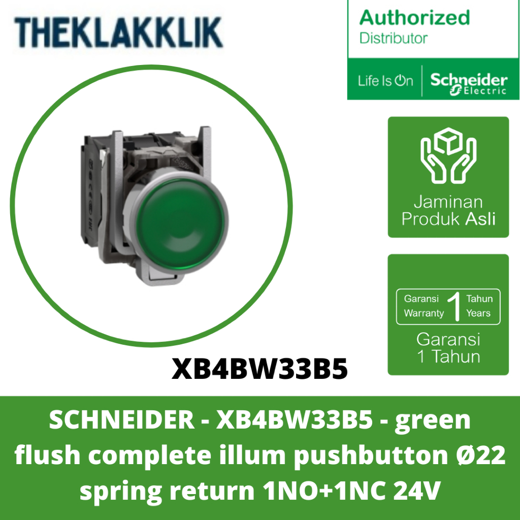 SCHNEIDER - XB4BW33B5 - ปุ่มกดเรืองแสงครบชุด สีเขียว Ø22 คืนสปริง 1NO+1NC 24V