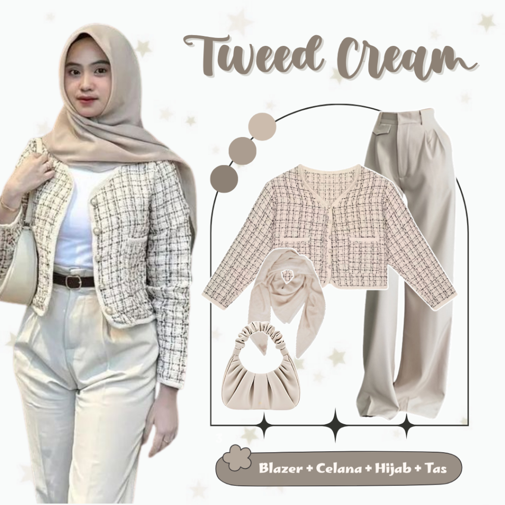 Fairy.looks - 4 IN 1 One Set Hijab Korean Outfit Style Teenage Last Womens Hijab ( Tweed Blazer + Ce