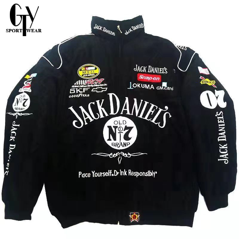 GTY เสื้อแจ็คเก็ตผู้ชาย Jack Daniels Vintage Racing เย็บปักถักร้อยเต็มรูปแบบรถจักรยานยนต์พรีเมี่ยม C