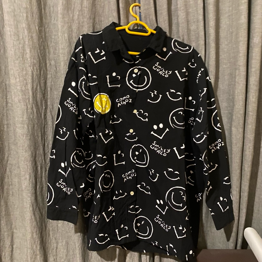 KATUN KEMEJA Preloved Black Cotton Womens Smile Emoji Black Shirt