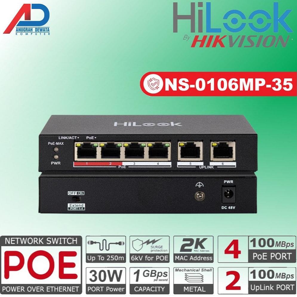 SWITCH POE HILOOK NS-0106MP-35 UNMANAGED POE SWITCH 4 PORT 2 UPLINK