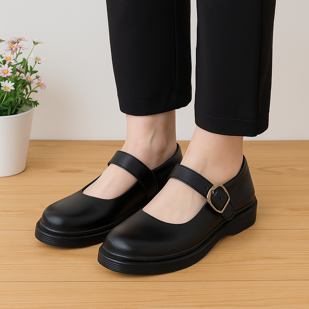BIG SIZE - Docmart รองเท้าโลฟเฟอร์สีดําสําหรับผู้หญิง - รองเท้าโลฟเฟอร์หัวเข็มขัดจัมโบ้ ลําลองอย่างเ