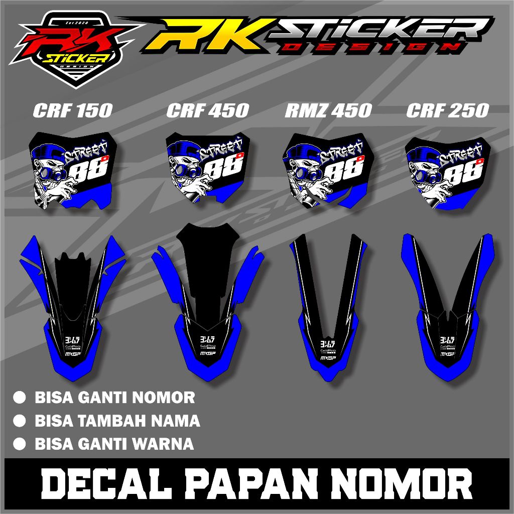 สติ๊กเกอร์บอร์ดและสติ๊กเกอร์บังโคลน CRF 150/250/450 และ RMZ 450 ชื่อและหมายเลขขอฟรี RK.005