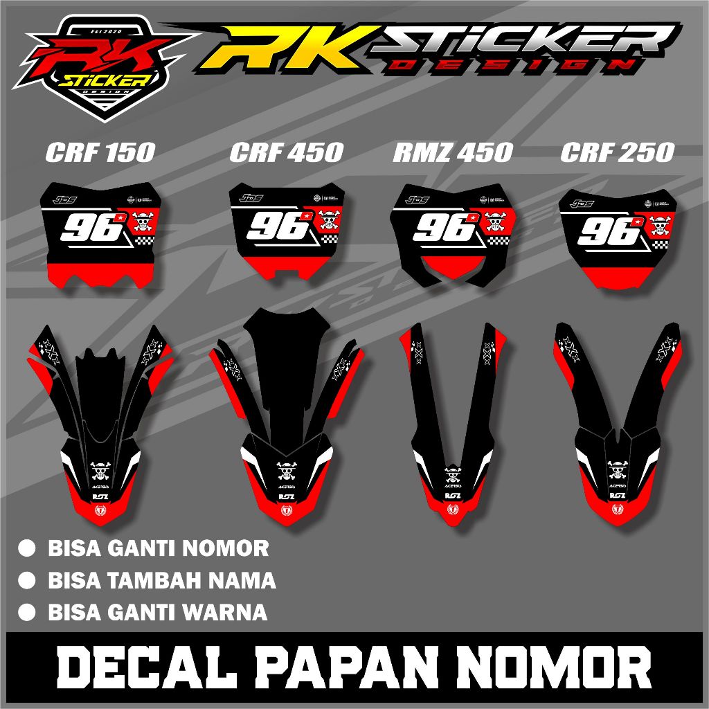 สติ๊กเกอร์บอร์ดและสติ๊กเกอร์บังโคลน CRF 150/250/450 และ RMZ 450 ชื่อและหมายเลขขอฟรี RK.006