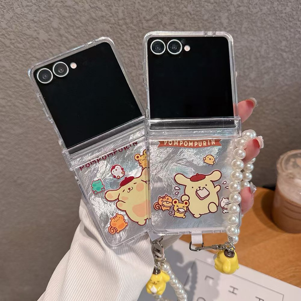 HP เคสใหม่ Samsung Zflip7 7FE Pompompurin Silver Metallic Holo บานพับล่าสุดน่ารักน่ารัก TPU สําหรับ 
