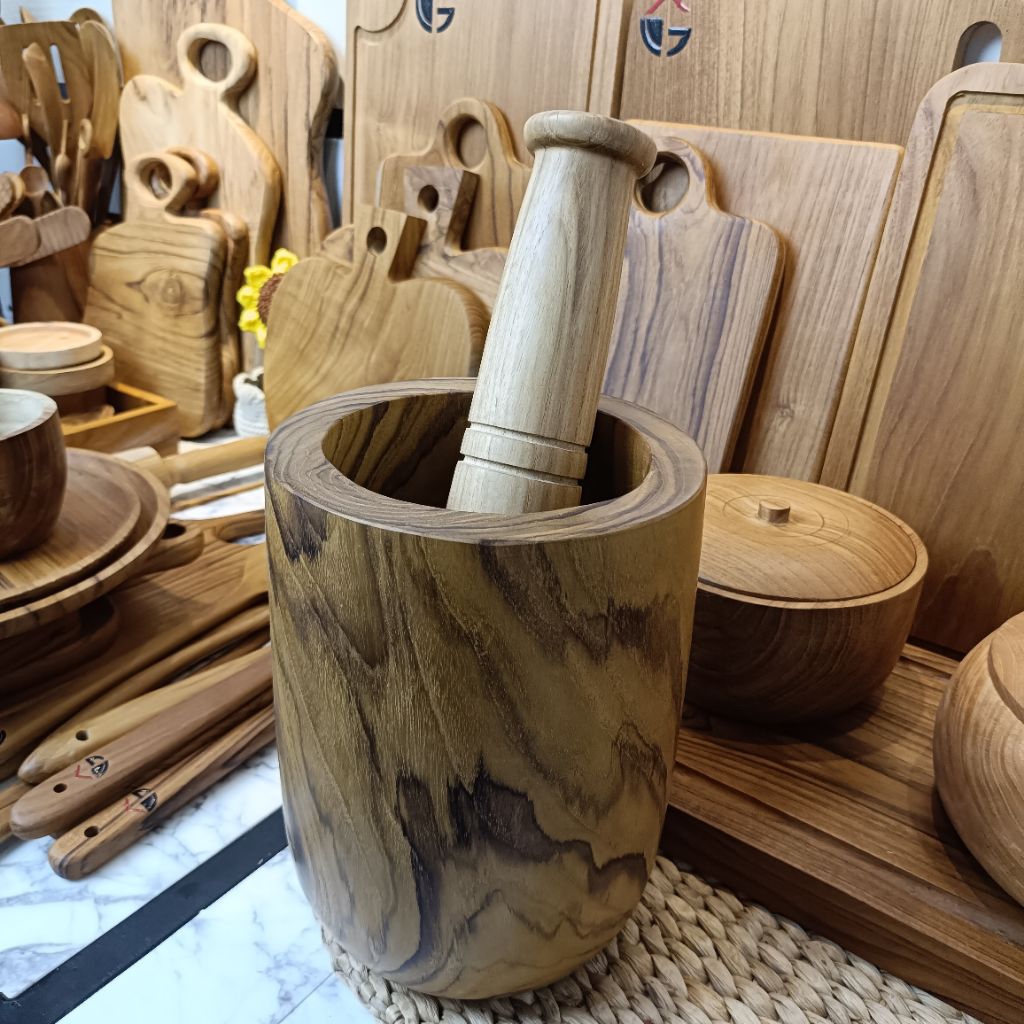 VINTAGE WAREHOUSE ครกไม้สักจัมโบ้ 20ซม. พร้อมสากเกรดพรีเมี่ยมและเรียบ