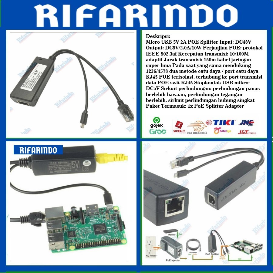 Micro USB 48V ถึง 5V - 2A Power Over Ethernet Kit เครื่องแยกหัวฉีด Poe
