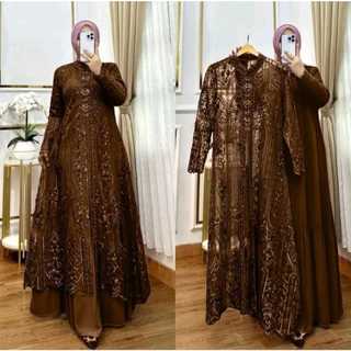 Azhar Busana Shop Laksmi Maxi Dress  Ceruty Babydoll Mix Rompi Brokat Terpisah Kondangan Mewah Kekinian Uk M,L,XL,Dan XXL