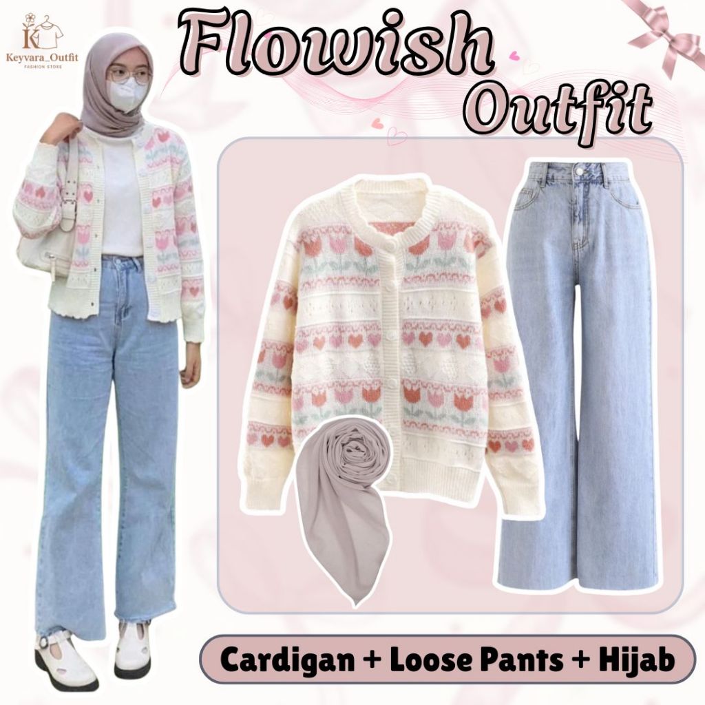 One Set 3in1 (คาร์ดิแกนถัก, กางเกงยีนส์ทรงหลวม, Bella Square) ชุดสตรีอินเทรนด์ KY4Y