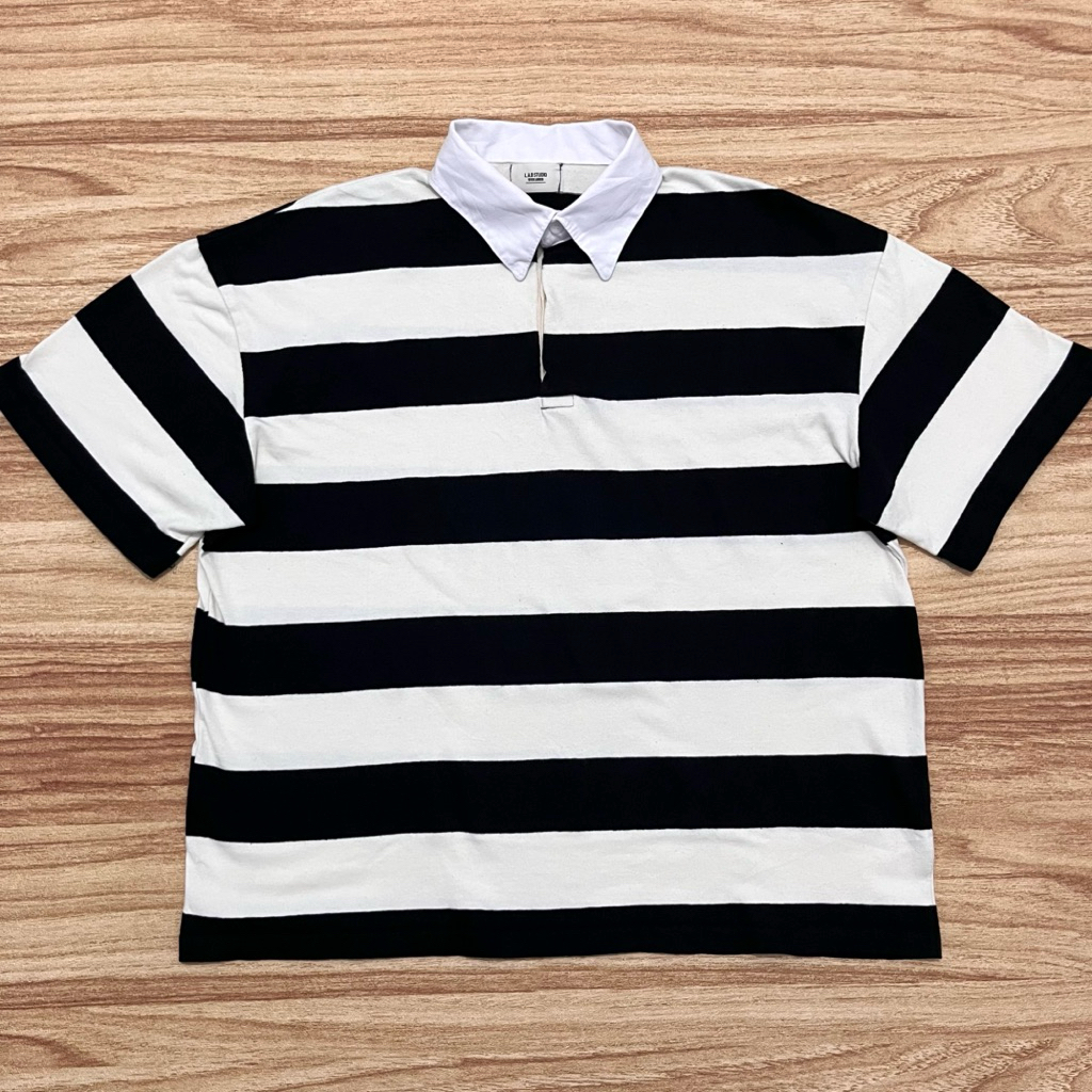 [ขนาดใหญ่] Polo Rugby LAB STUDIO Big Striped Black White (3XL)