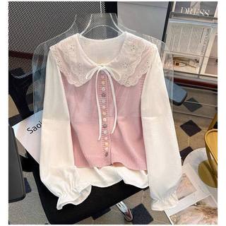 GS - Atasan Vest Rajut Kemeja Satu Set Korea Fashion Girly OOTD | Rajutwear Cute Pita Pita Kerah Renda | Baju Lengan Panjang Wanita