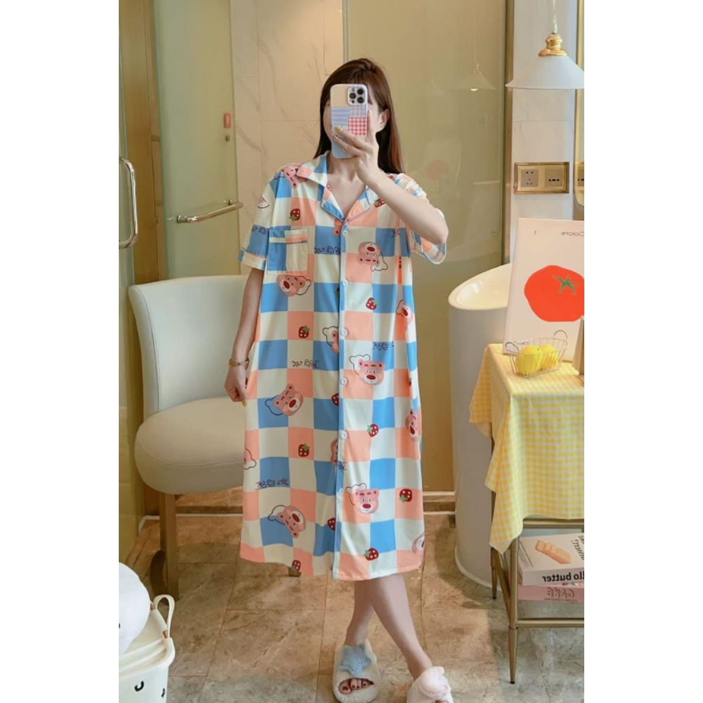 Daster Dress Pyjamas ชุดนอนเซ็กซี่สําหรับผู้หญิงพร้อมปุ่มแอคทีฟและปลอกคอสตรอเบอร์รี่ล็อตโซ่