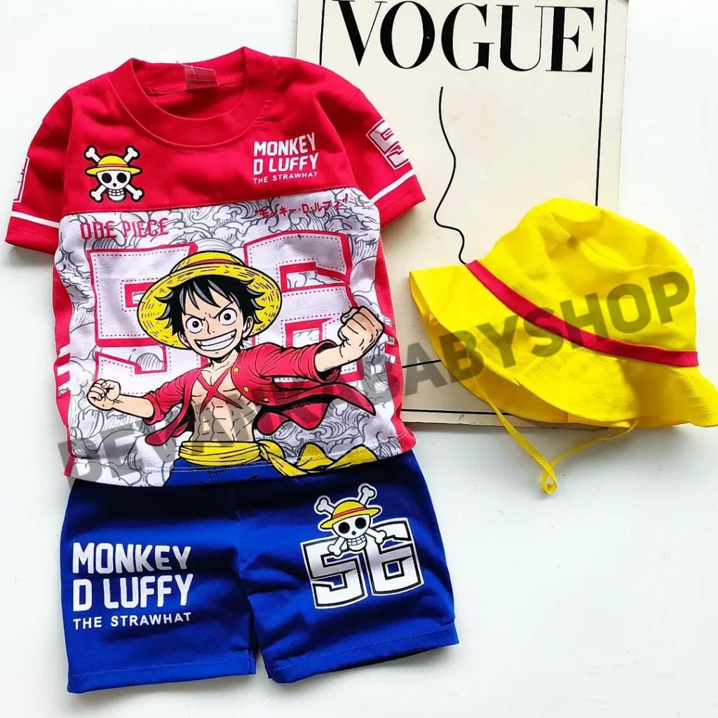 COOL ONE PIECE BOYS CLOTHES, MONKEY D LUFFY BOYS SUITS, GOOD MATERIAL, WEAR A HAT FOR AGES 1-10 ปี