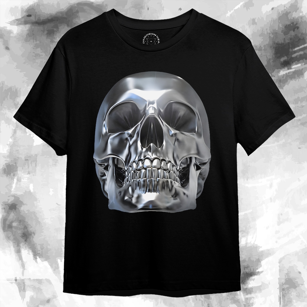 3DimensionWear - เสื้อยืด Distro พรีเมี่ยมดั้งเดิม 3D Metallic Skull Sculpture - DM1407