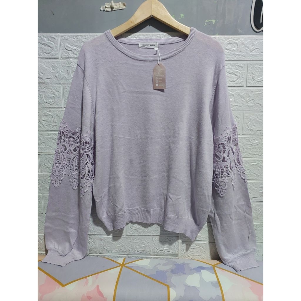 KATUN HEALTY KAREN SWEATSHIRT / BLOUSE COTTON KNIT MIX LACE BALLOON SLEEVES