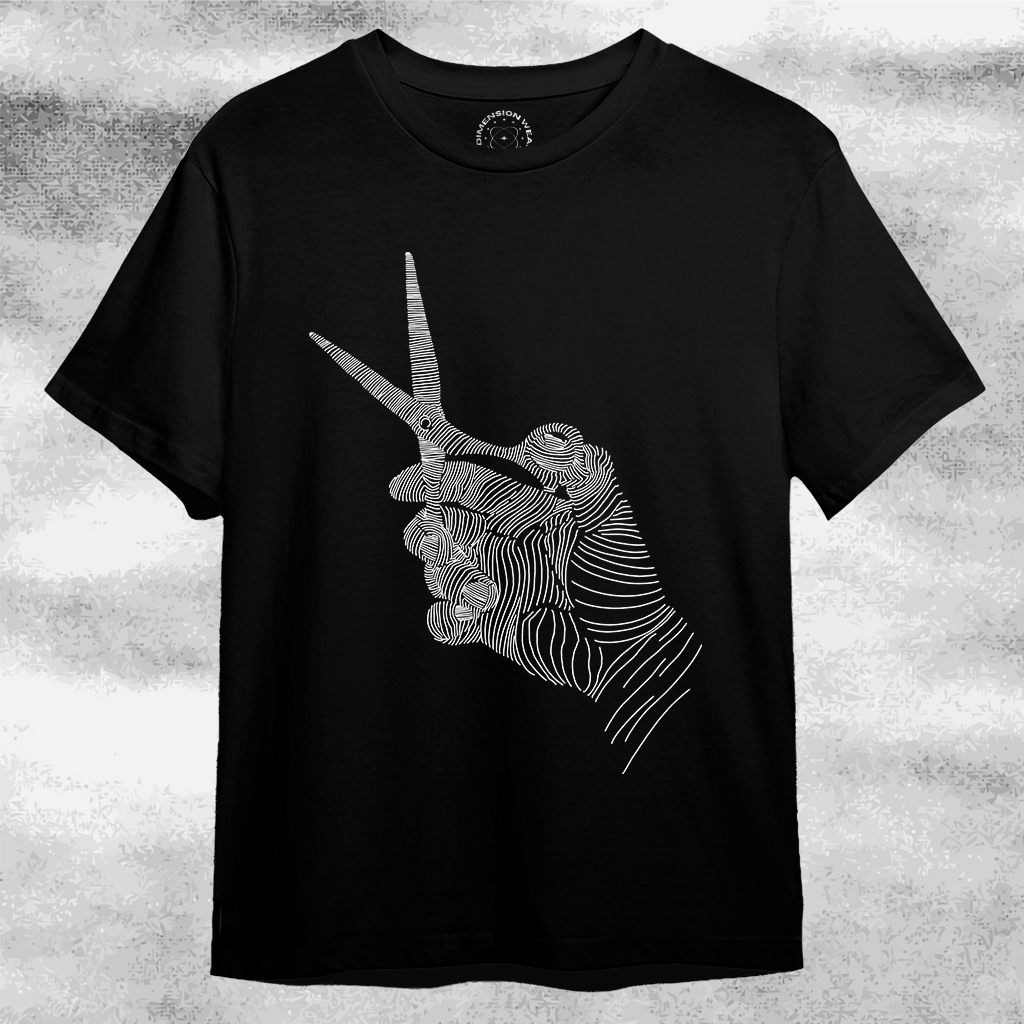 3DimensionWear - Original Premium Distro T-Shirt 3D Hand Holding Scissors in White Line Art - DM1446