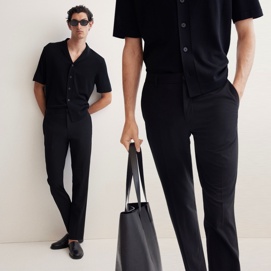 กางเกงทํางานทรงตรงทรงสลิมทางการสีดําสําหรับผู้ชายโดย HM